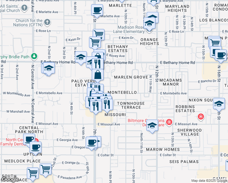 map of restaurants, bars, coffee shops, grocery stores, and more near 920 East Montebello Avenue in Phoenix