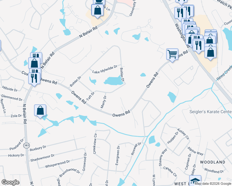 map of restaurants, bars, coffee shops, grocery stores, and more near 4334 Taft Drive in Evans