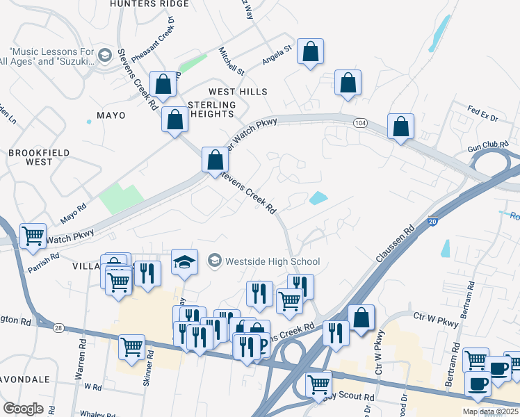map of restaurants, bars, coffee shops, grocery stores, and more near 931 Stevens Creek Road in Augusta