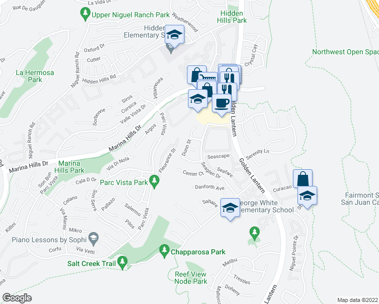 map of restaurants, bars, coffee shops, grocery stores, and more near 6 Stream Street in Laguna Niguel