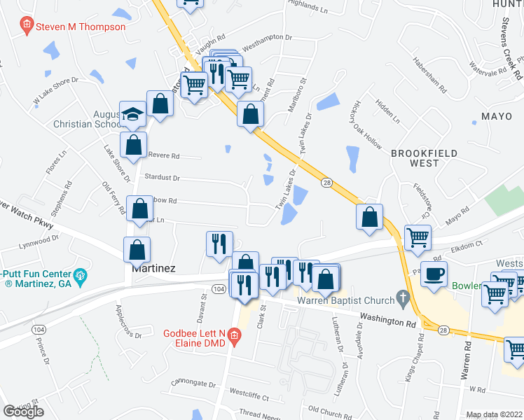 map of restaurants, bars, coffee shops, grocery stores, and more near 3410 Kemp Road in Augusta
