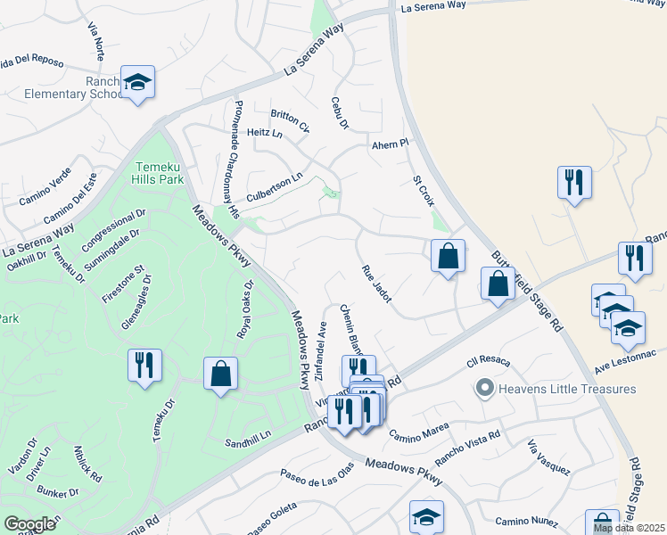 map of restaurants, bars, coffee shops, grocery stores, and more near 32032 Merlot Crest in Temecula