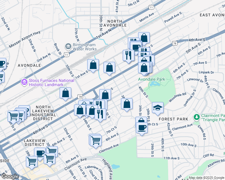 map of restaurants, bars, coffee shops, grocery stores, and more near 3719 4th Avenue South in Birmingham