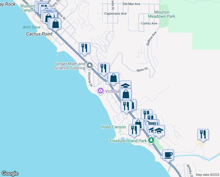 map of restaurants, bars, coffee shops, grocery stores, and more near 163 Nyes Place in Laguna Beach