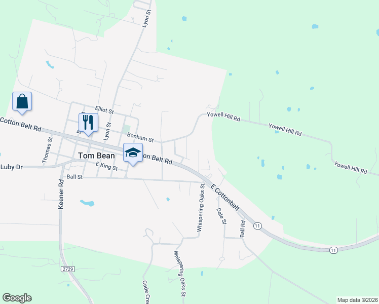 map of restaurants, bars, coffee shops, grocery stores, and more near 115 Holcombville Street in Tom Bean