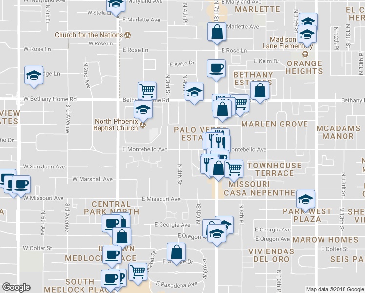 map of restaurants, bars, coffee shops, grocery stores, and more near 410 East Montebello Avenue in Phoenix