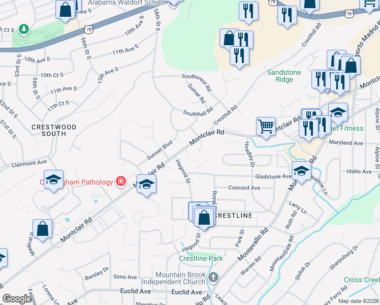map of restaurants, bars, coffee shops, grocery stores, and more near 669 Bourbon Circle in Birmingham