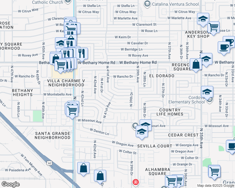map of restaurants, bars, coffee shops, grocery stores, and more near 4032 West Montebello Avenue in Phoenix