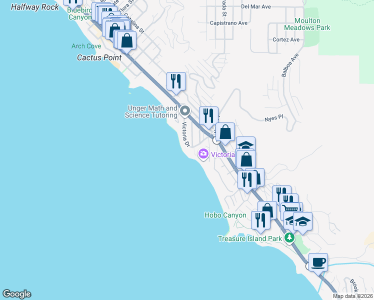map of restaurants, bars, coffee shops, grocery stores, and more near 2691 Victoria Drive in Laguna Beach