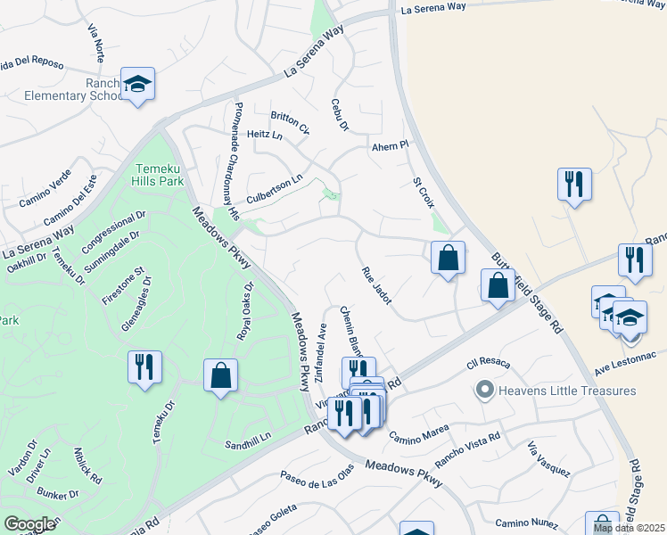 map of restaurants, bars, coffee shops, grocery stores, and more near 32032 Merlot Crest in Temecula