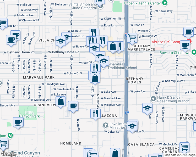 map of restaurants, bars, coffee shops, grocery stores, and more near N 27th Ave & W Montebello Ave in Phoenix