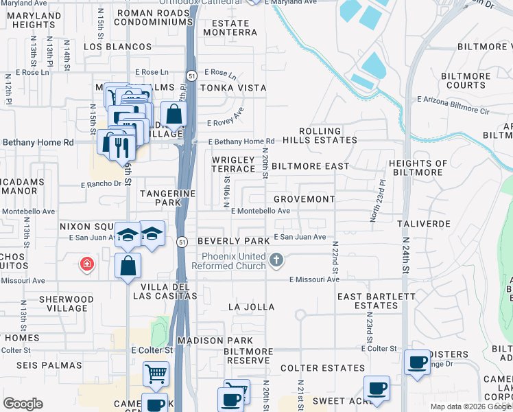 map of restaurants, bars, coffee shops, grocery stores, and more near 1940 East Montebello Avenue in Phoenix