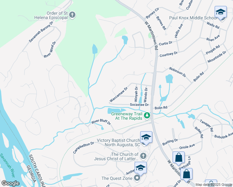 map of restaurants, bars, coffee shops, grocery stores, and more near 1414 Waccamaw Drive in North Augusta