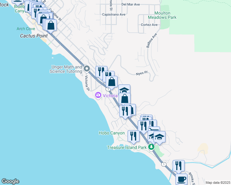 map of restaurants, bars, coffee shops, grocery stores, and more near 2995 Terry Road in Laguna Beach