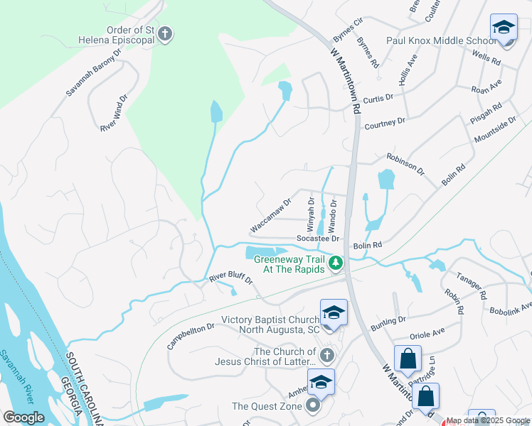 map of restaurants, bars, coffee shops, grocery stores, and more near 1419 Waccamaw Drive in North Augusta