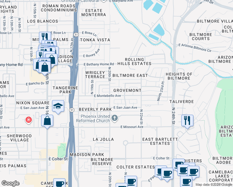 map of restaurants, bars, coffee shops, grocery stores, and more near 2020 E Montebello Ave in Phoenix
