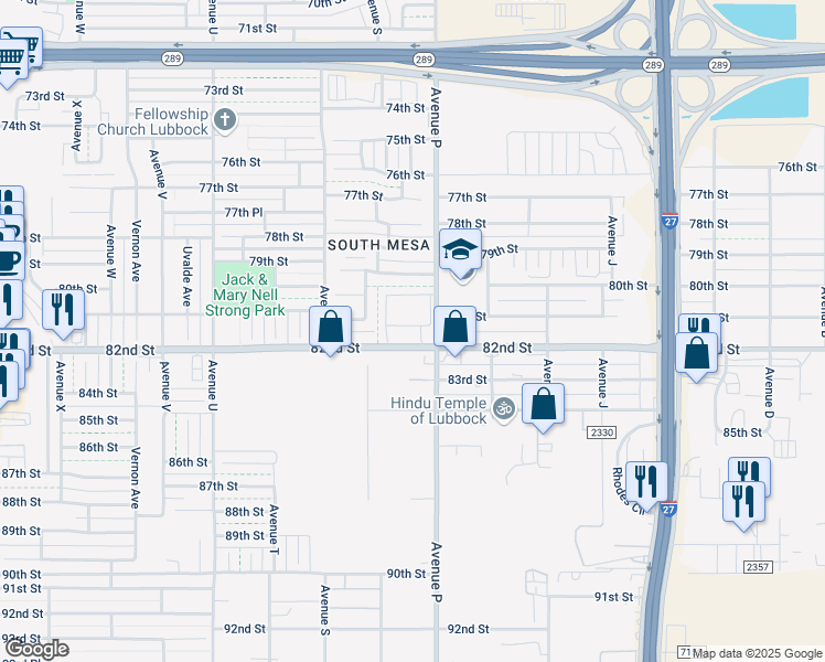 map of restaurants, bars, coffee shops, grocery stores, and more near 1606 82nd Street in Lubbock