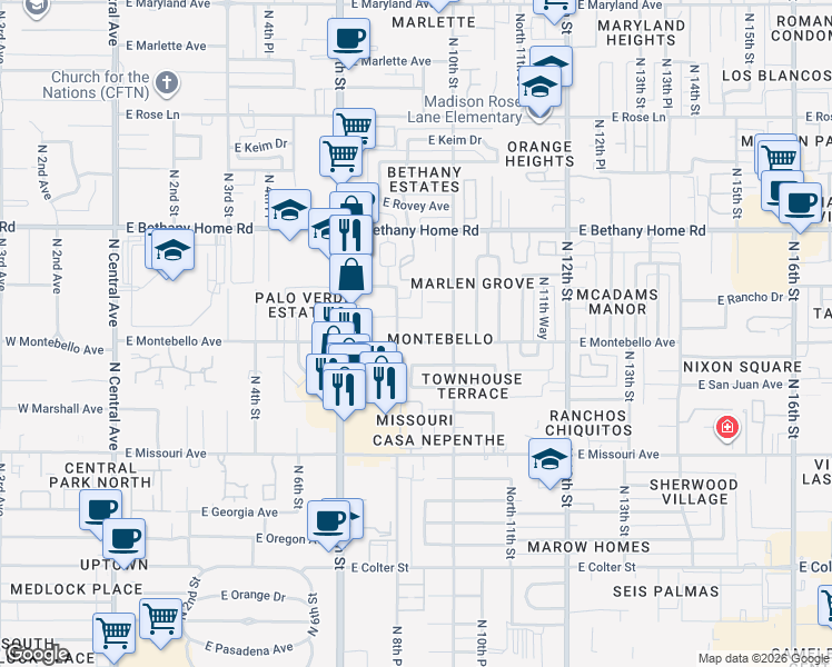map of restaurants, bars, coffee shops, grocery stores, and more near 920 East Montebello Avenue in Phoenix