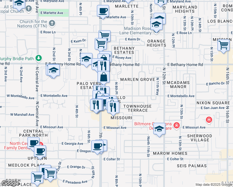 map of restaurants, bars, coffee shops, grocery stores, and more near 730 East Montebello Avenue in Phoenix