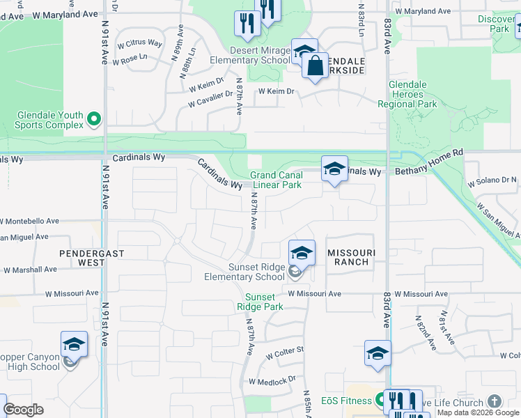 map of restaurants, bars, coffee shops, grocery stores, and more near 8634 West Rancho Drive in Glendale