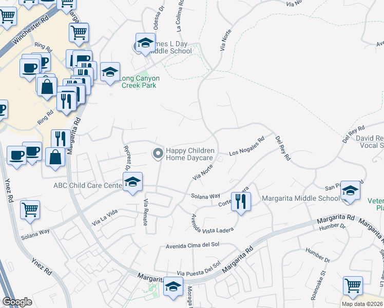 map of restaurants, bars, coffee shops, grocery stores, and more near 29680 Monte Verde Road in Temecula