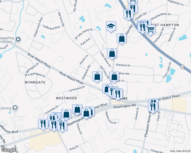 map of restaurants, bars, coffee shops, grocery stores, and more near 207 Weldon Road in Martinez