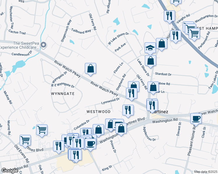 map of restaurants, bars, coffee shops, grocery stores, and more near 143 Coach Lane in Martinez