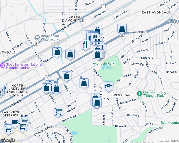 map of restaurants, bars, coffee shops, grocery stores, and more near 3829 5th Avenue South in Birmingham