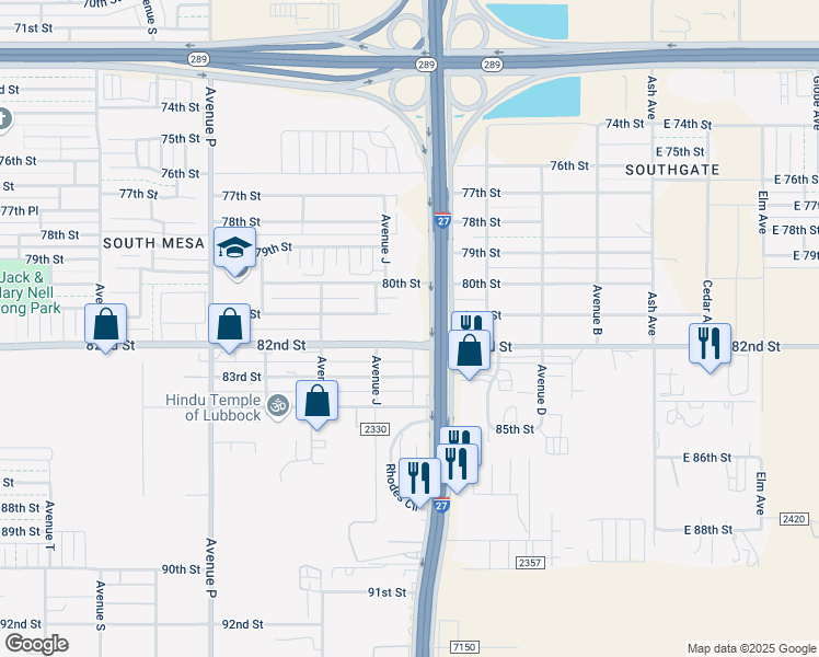 map of restaurants, bars, coffee shops, grocery stores, and more near 8112 Interstate 27 Frontage Road in Lubbock