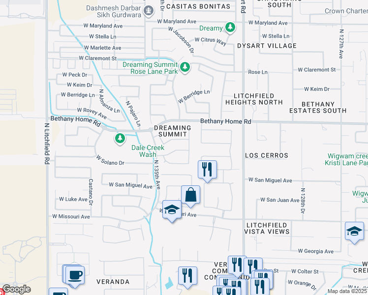 map of restaurants, bars, coffee shops, grocery stores, and more near 13312 West Annika Drive in Litchfield Park