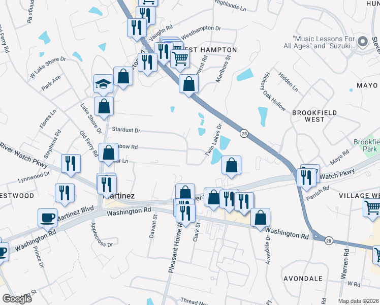 map of restaurants, bars, coffee shops, grocery stores, and more near 3414 Kemp Road in Martinez