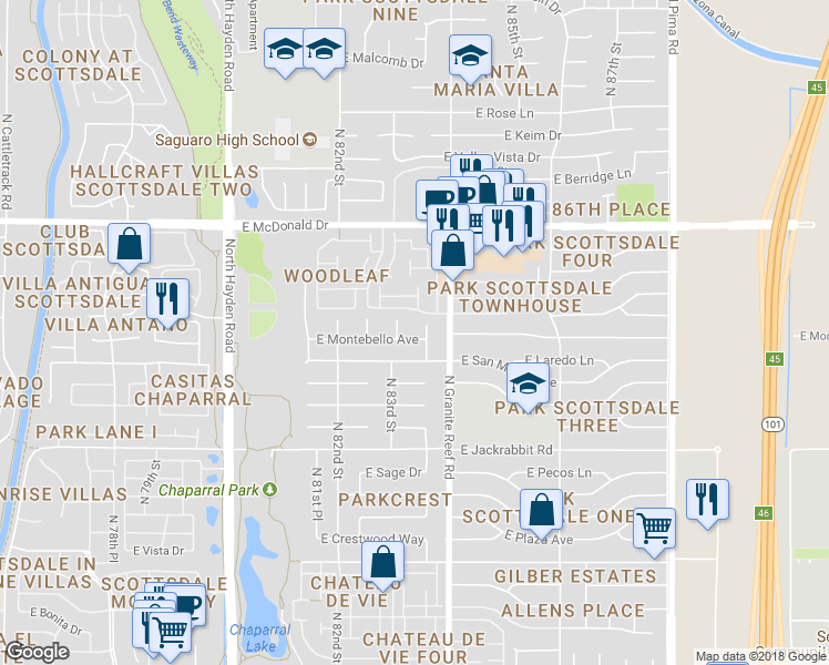 map of restaurants, bars, coffee shops, grocery stores, and more near 8314 East Montebello Avenue in Scottsdale