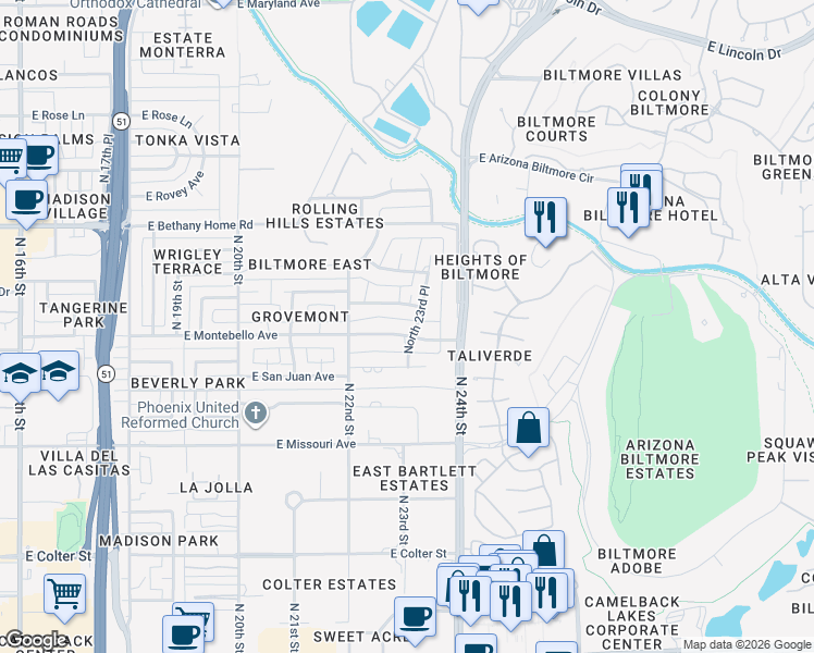 map of restaurants, bars, coffee shops, grocery stores, and more near 2238 East Montebello Avenue in Phoenix