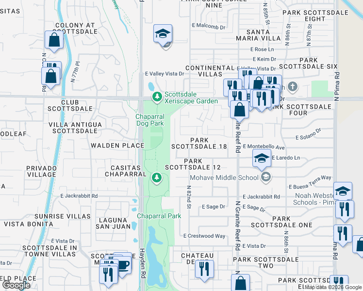 map of restaurants, bars, coffee shops, grocery stores, and more near 8202 East Montebello Avenue in Scottsdale