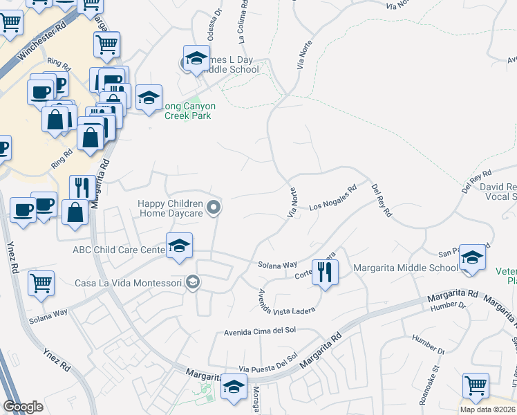 map of restaurants, bars, coffee shops, grocery stores, and more near Monte Verde Road in Temecula