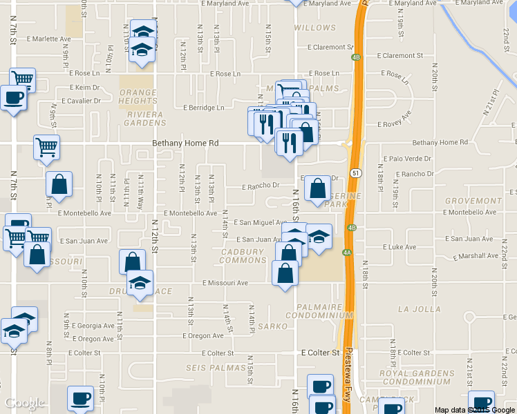 map of restaurants, bars, coffee shops, grocery stores, and more near 1441 East Solano Drive in Phoenix