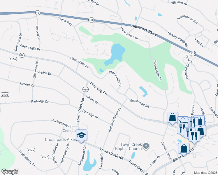 map of restaurants, bars, coffee shops, grocery stores, and more near 213 Englewood Road in Aiken