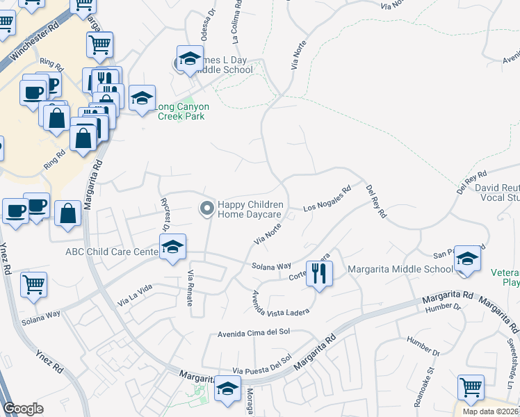 map of restaurants, bars, coffee shops, grocery stores, and more near 29720 Monte Verde Road in Temecula