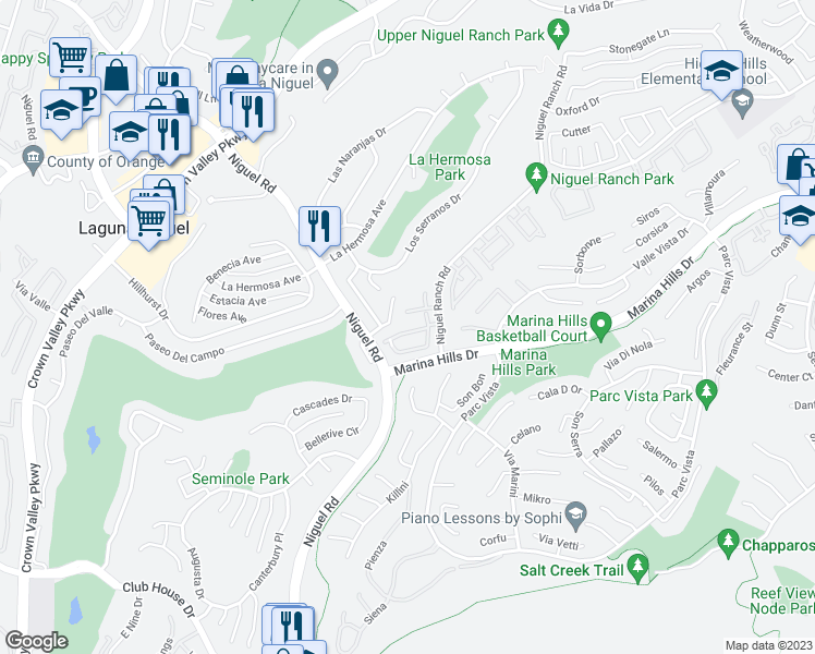 map of restaurants, bars, coffee shops, grocery stores, and more near 24395 Mira Verde in Laguna Niguel