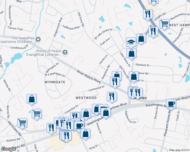 map of restaurants, bars, coffee shops, grocery stores, and more near 143 Coach Lane in Martinez