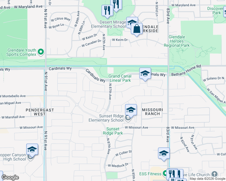 map of restaurants, bars, coffee shops, grocery stores, and more near 8634 West Rancho Drive in Glendale