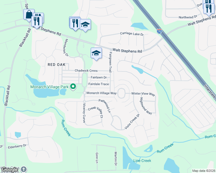 map of restaurants, bars, coffee shops, grocery stores, and more near 332 Fairdale Trace in Stockbridge