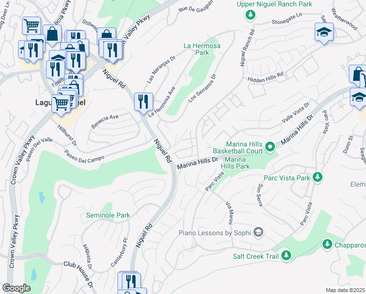 map of restaurants, bars, coffee shops, grocery stores, and more near 24395 Mira Verde in Laguna Niguel