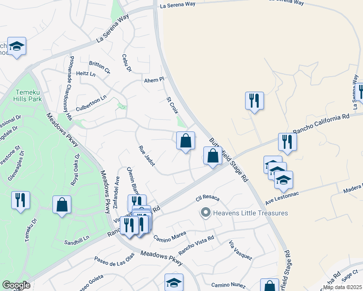 map of restaurants, bars, coffee shops, grocery stores, and more near 32284 Placer Belair in Temecula