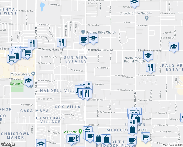 map of restaurants, bars, coffee shops, grocery stores, and more near 605 West Montebello Avenue in Phoenix