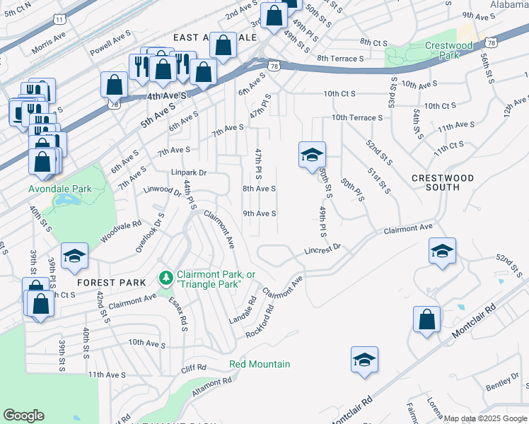 map of restaurants, bars, coffee shops, grocery stores, and more near 4724 9th Avenue South in Birmingham