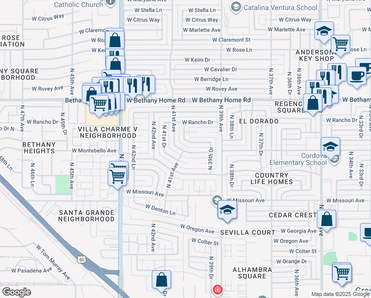 map of restaurants, bars, coffee shops, grocery stores, and more near 4032 West Montebello Avenue in Phoenix