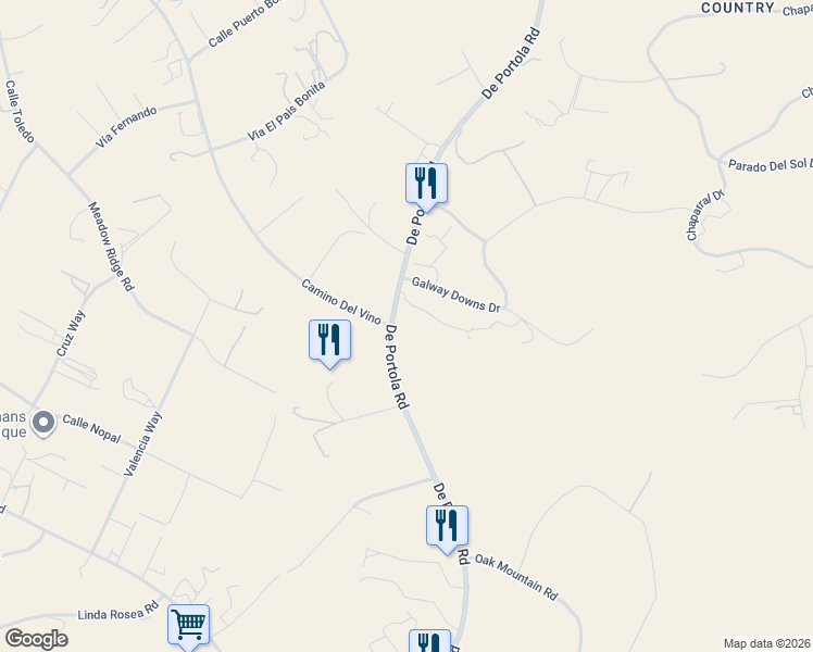 map of restaurants, bars, coffee shops, grocery stores, and more near 38200 De Portola Road in Temecula