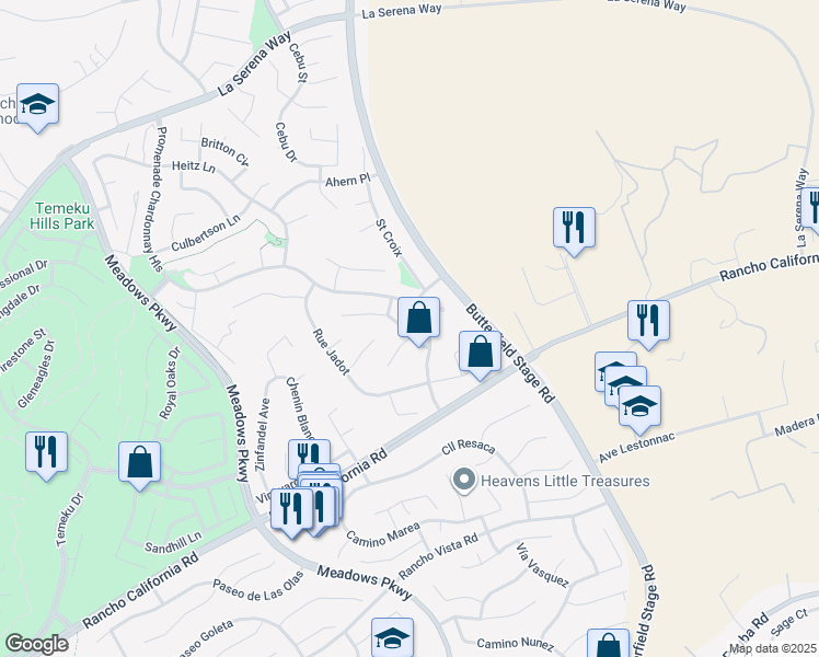 map of restaurants, bars, coffee shops, grocery stores, and more near 32284 Placer Belair in Temecula