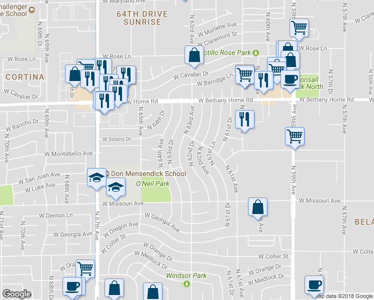 map of restaurants, bars, coffee shops, grocery stores, and more near 5702 North 62nd Drive in Glendale